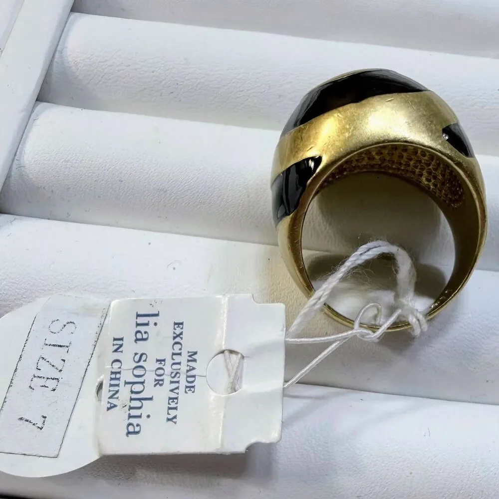 NOS Vintage Lia Sophia Bullseye Gold and Black Enamel Swirl Dome Ring Size 7